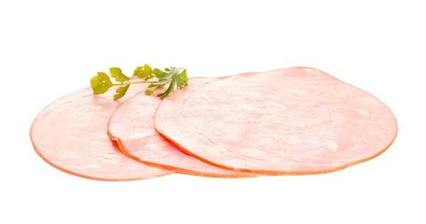 Slices Tasty Boiled Sausage White Background — Stock Photo, Image