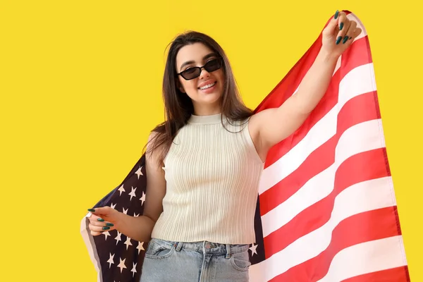 Young Woman Usa Flag Yellow Background — Stock Photo, Image