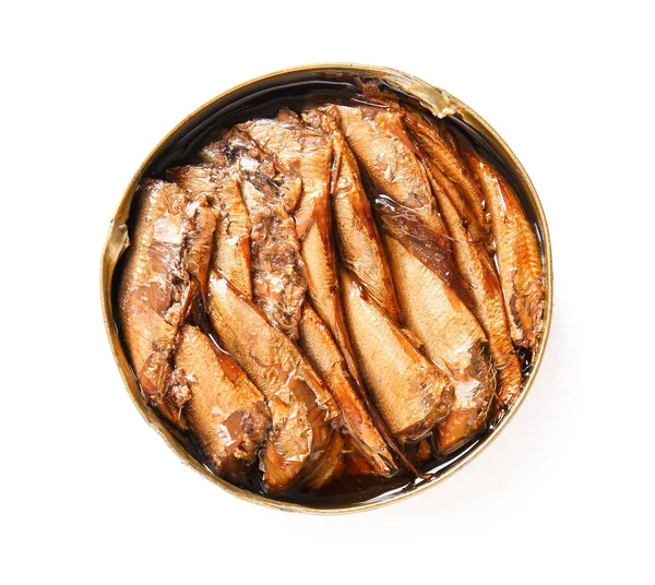 stock image Canned smoked sprats on white background