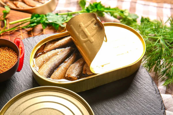 Canned Smoked Sprats Parsley Dill Table — Stock Photo, Image