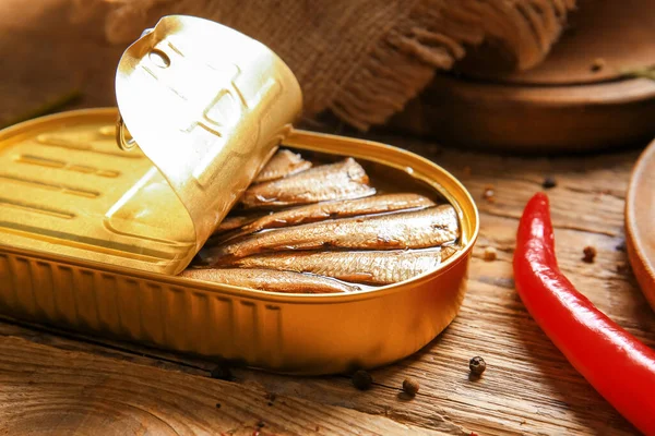 Canned Smoked Sprats Chilli Wooden Background — Stock Photo, Image