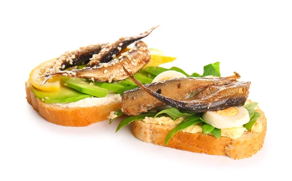Tasty Sandwiches Canned Smoked Sprats White Background — Stock Photo, Image