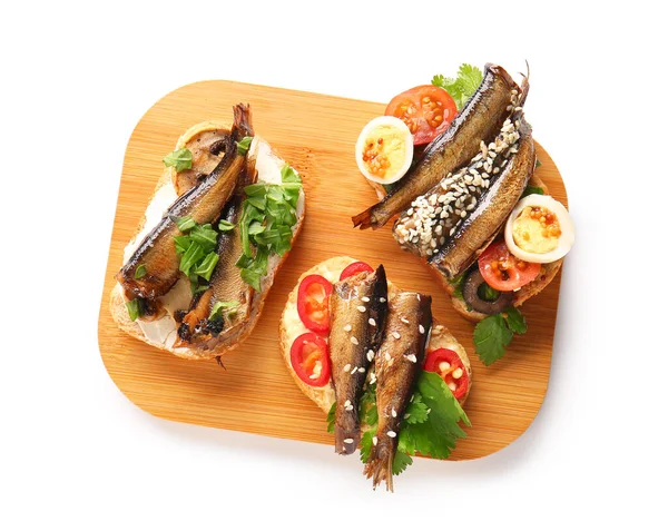 Wooden Board Tasty Sandwiches Canned Smoked Sprats White Background — Stock Photo, Image