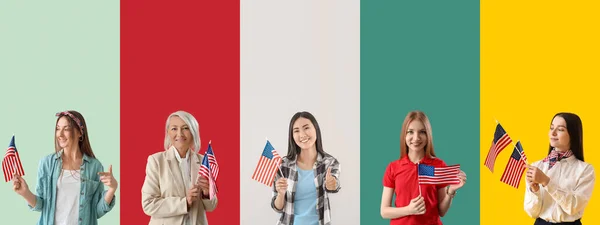 Molte Donne Con Bandiere Usa Sfondo Colore — Foto Stock