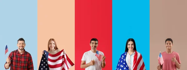 Set of people with USA flags on color background