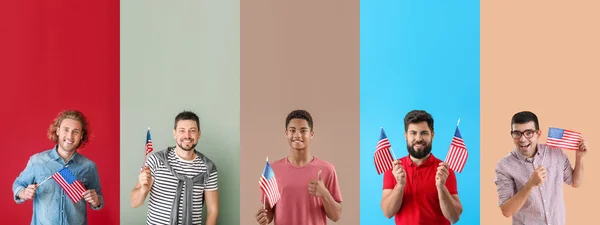Muitos Homens Com Bandeiras Dos Eua Fundo Cor — Fotografia de Stock
