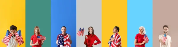 Viele Menschen Mit Usa Flaggen Auf Farbigem Hintergrund — Stockfoto