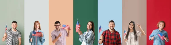 Mnoho Lidí Vlajkami Usa Barevném Pozadí — Stock fotografie