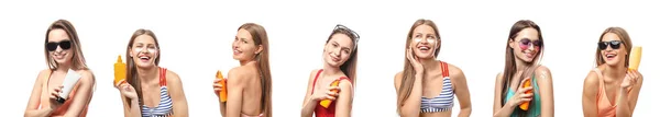 Conjunto Belas Mulheres Jovens Com Creme Proteção Solar Fundo Branco — Fotografia de Stock