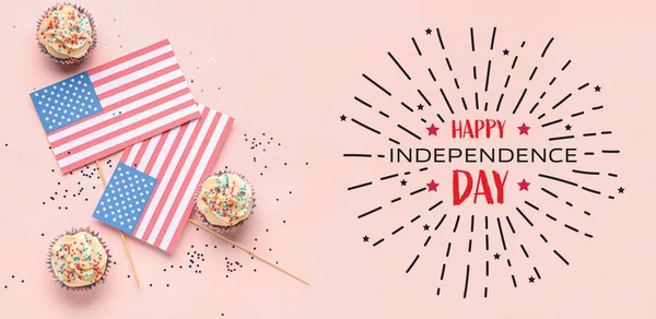 Wenskaart Voor Usa Onafhankelijkheidsdag Met Lekkere Patriottische Cupcakes Vlaggen — Stockfoto