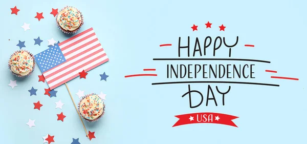 Wenskaart Voor Usa Onafhankelijkheidsdag Met Lekkere Patriottische Cupcakes Vlag — Stockfoto