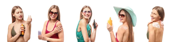 Set Hübscher Junger Frauen Mit Sonnenschutzcreme Auf Weißem Hintergrund — Stockfoto