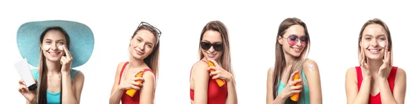 Set Schöner Junger Frauen Mit Sonnenschutzcreme Auf Weißem Hintergrund — Stockfoto