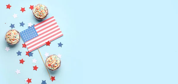 Tasty Patriotic Cupcakes Flag Usa Light Blue Background Space Text — Stock Photo, Image