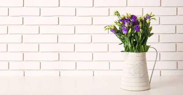 Vase Beautiful Eustoma Flowers Table White Brick Wall Banner Design — Stock Photo, Image