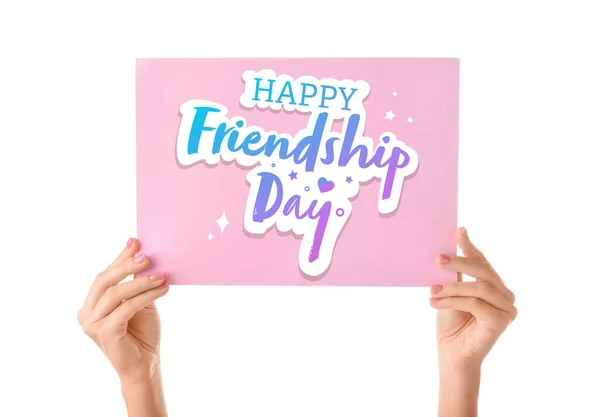Les Mains Féminines Tenant Papier Avec Texte Happy Friendship Day — Photo