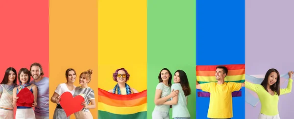 虹の背景にLgbtの旗を持つ人々のセット — ストック写真