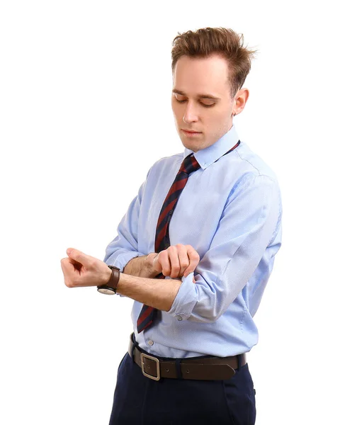 Young Businessman Rolling His Sleeve White Background —  Fotos de Stock