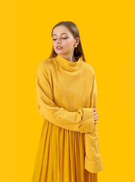 Fashionable Young Woman Knitted Sweater Skirt Yellow Background — 图库照片
