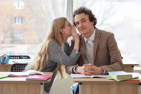 Teenage Girl Whispering Her Boyfriend Ear School — Stock Photo, Image