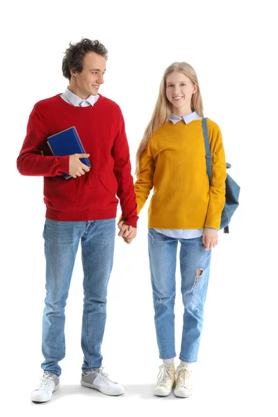 Teenage Couple Books Holding Hands White Background — Stock Photo, Image