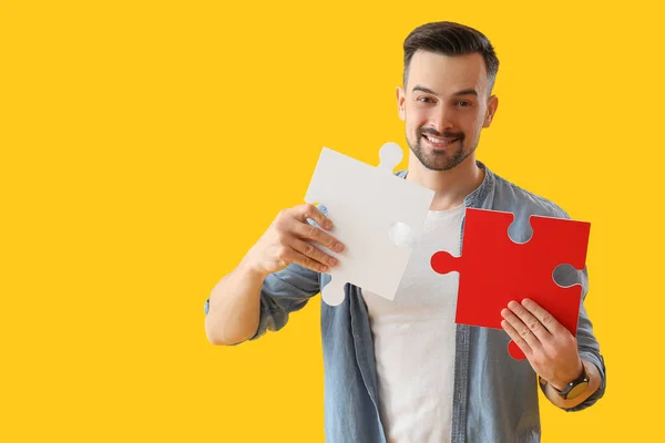 Handsome Man Puzzle Pieces Yellow Background — Stock Photo, Image