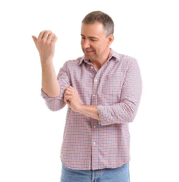 Mature Man Rolling His Sleeve White Background — Stock Photo, Image