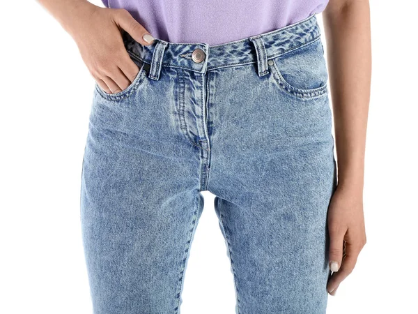 Jovem Mulher Jeans Elegantes Fundo Branco Close — Fotografia de Stock