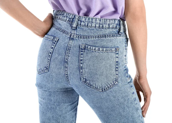 Jovem Mulher Jeans Elegantes Fundo Branco Visão Traseira — Fotografia de Stock