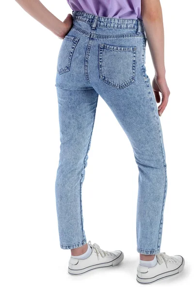 Jovem Mulher Jeans Elegantes Fundo Branco Visão Traseira — Fotografia de Stock