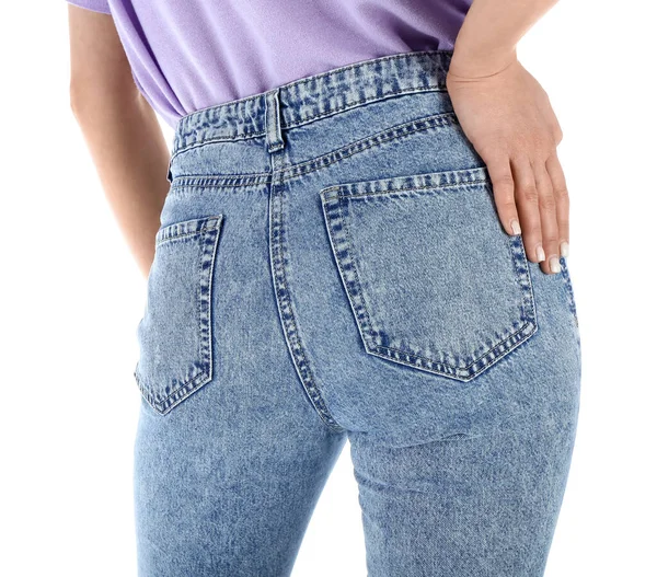 Mujer Joven Jeans Con Estilo Sobre Fondo Blanco Vista Trasera —  Fotos de Stock