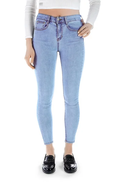 Giovane Donna Jeans Skinny Sfondo Bianco — Foto Stock