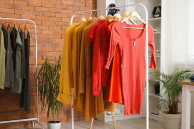 Modern butikte şık kadın kıyafetleriyle dolu raflar.