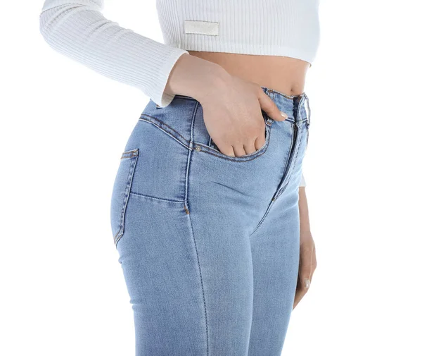 Jonge Vrouw Skinny Jeans Witte Achtergrond Close — Stockfoto