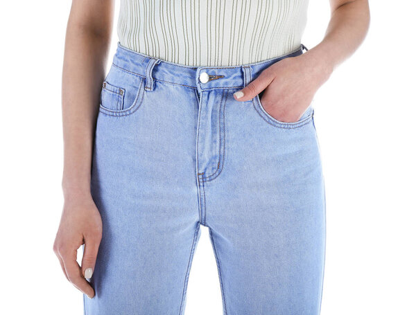 Young woman in stylish jeans on white background, closeup