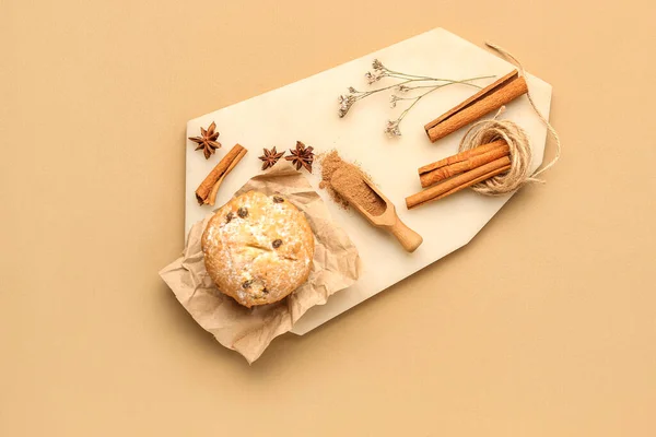 Board Cinnamon Sticks Powder Muffin Rope Color Background — Stock Photo, Image