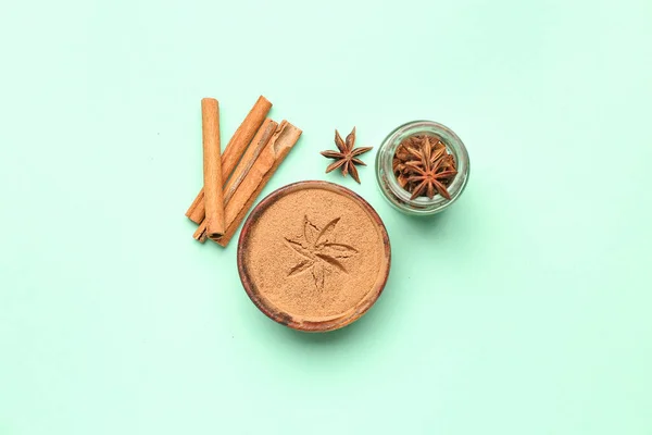 Bowl Cinnamon Powder Sticks Anise Stars Color Background — Stock Photo, Image