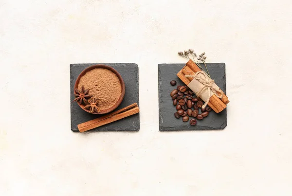 Composition Bowl Cinnamon Powder Sticks Coffee Beans Light Background — Stock Photo, Image