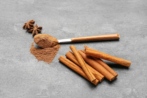 Spoon Cinnamon Powder Sticks Anise Stars Dark Background — Stock Photo, Image