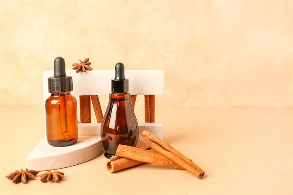 Composition Bottles Cosmetic Products Cinnamon Sticks Anise Stars Plaster Podiums — Stock Photo, Image