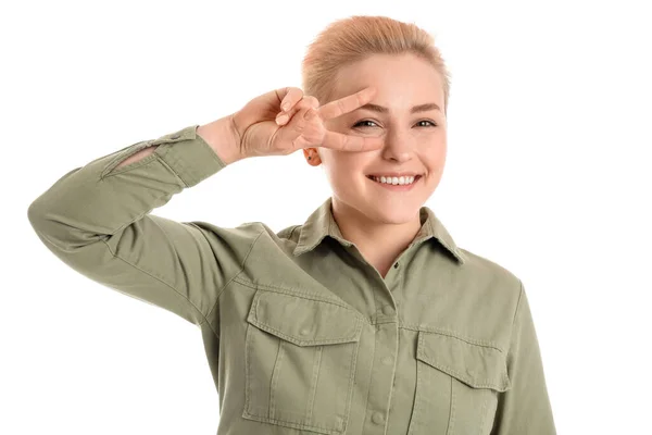Young Woman Short Hair Showing Victory Gesture White Background — Stock Photo, Image