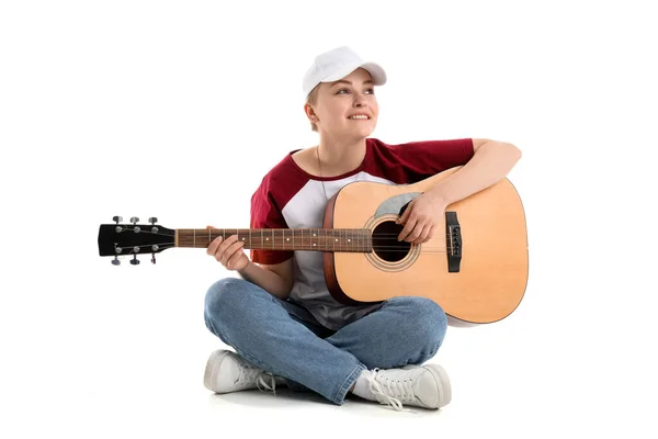 Young Woman Playing Guitar White Background — Stock Photo, Image