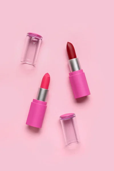 Different Lipsticks Pink Background — Stock Photo, Image