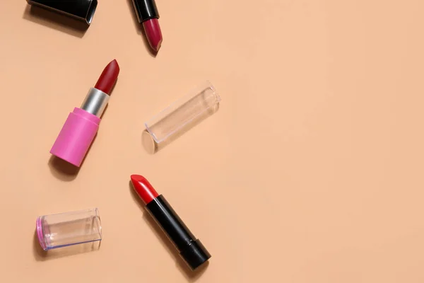 Different Lipsticks Beige Background — Stock Photo, Image