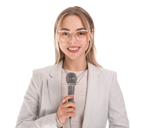Vrouwelijke Journalist Met Microfoon Witte Achtergrond — Stockfoto