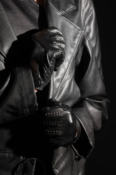 Beautiful Young Woman Leather Gloves Jacket Black Background Closeup — Stock Photo, Image