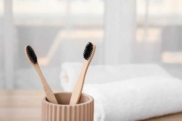 Holder Bamboo Toothbrushes Table Room Closeup — Stock Photo, Image