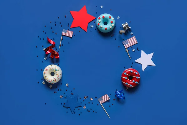 Frame Made Donuts Usa Flags Confetti Blue Background Independence Day — Stock Photo, Image