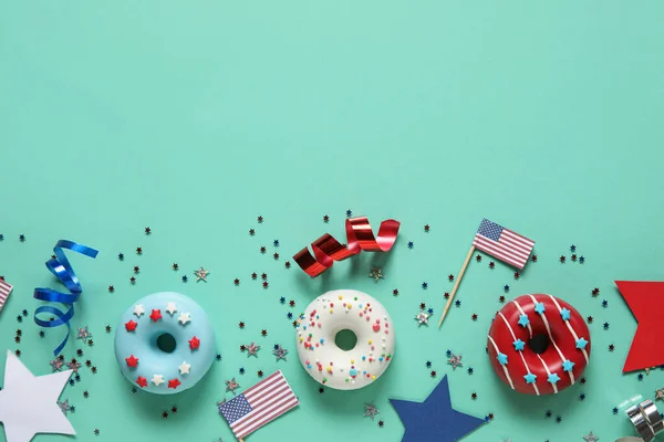 Composition Donuts Usa Flags Confetti Turquoise Background Independence Day Celebration — Stock Photo, Image