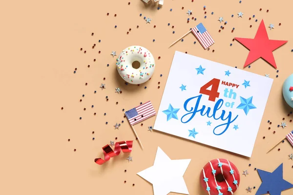 Donuts Usa Vlaggen Confetti Wenskaart Met Tekst Happy 4Th July — Stockfoto